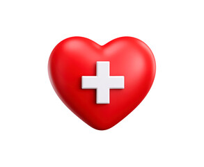 Red heart with white medical cross symbol on transparent background, PNG