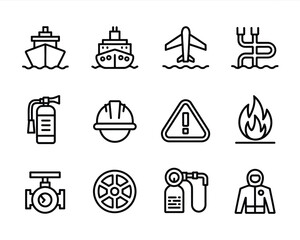 Safety and transportation icons black line art white