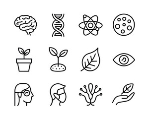 Science and biology icons brain dna atom cell plant eye person mask vector