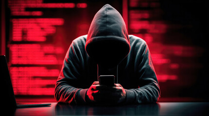 Mysterious Figure in Hoodie Using Smartphone with Red Digital Background and Cybersecurity Elements