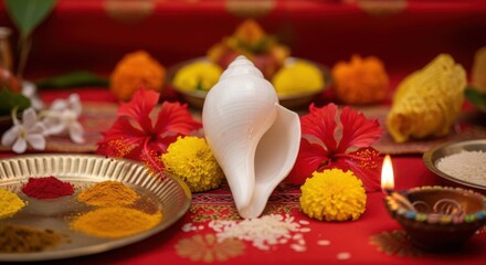 Hindu puja ceremony setup with a conch shell, flowers, rice, and a diya lamp on a red cloth