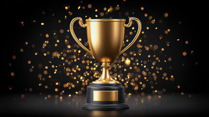 Golden trophy cup with sparkling confetti, celebration, success, achievement, award, shiny