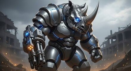 A towering cyborg rhino in detailed metallic armor, standing amidst a war-torn environment