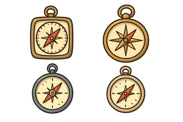 Vector set of cartoon compasses for navigation, exploration, travel, and adventure. Collection of four retro magnetic compass icons for finding direction and orientation.