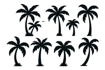 Set of black palm tree silhouettes. Vector collection of isolated tropical coconut palms. Summer vacation, beach, and paradise island design elements. Exotic nature graphic icons.