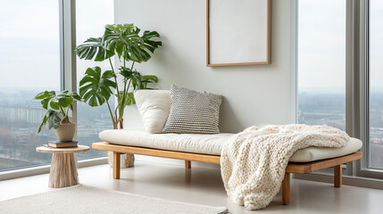scandinavian. Minimalist Nordic living room with wooden accents and abstract art, bathed in soft natural light. lifestyle magazines.