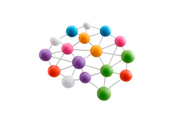 Obraz premium Colorful neural network brain model with interconnected nodes and spheres on transparent background, PNG