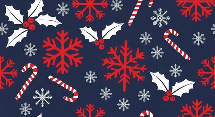 Seamless pattern of red and white candy canes, snowflakes, and holly berries on a dark blue background for christmas