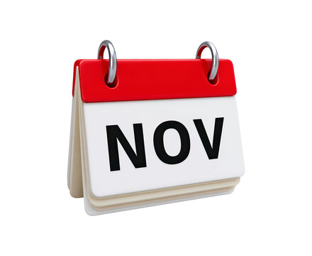 November calendar icon with red tab and metal rings on transparent background, PNG - Powered by Adobe