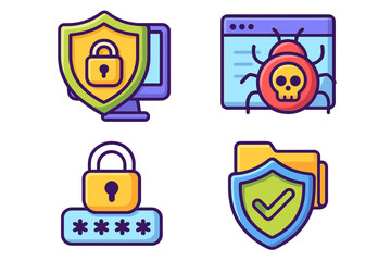 Colorful digital security icon set. Online safety, malware, and data protection concepts. Cybersecurity, antivirus, secure password, network privacy. Vector cartoon illustrations.