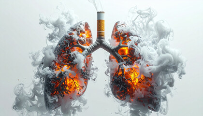 Cigarette smoke forms inside human lungs, showing damage, inflammation, and health risk in conceptual medical illustration, evoking concern and awareness