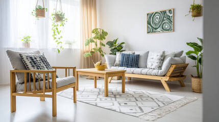 scandinavian. Minimalist Nordic living room with wooden accents and abstract art, bathed in soft natural light. lifestyle magazines.