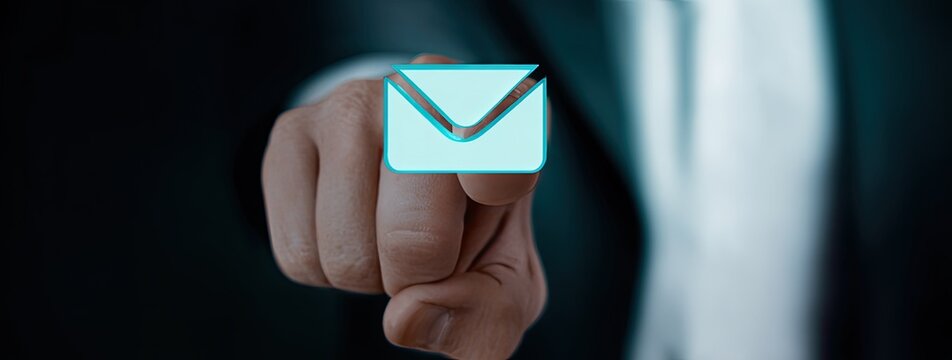 A hand pointing to a light-blue email icon, against a dark background