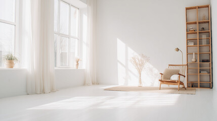 scandinavian. Minimalist Nordic living room with wooden accents and abstract art, bathed in soft natural light. lifestyle magazines.