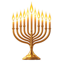 Golden menorah with nine glowing candles, minimalist outline style, gradient gold color, symbolizing Hanukkah celebration, festive and elegant, isolated on transparency background