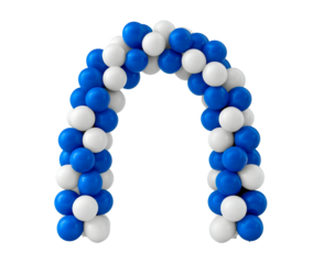 Blue and white balloon arch for celebrations and events on transparent background, PNG