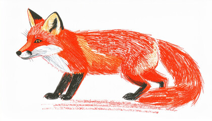 Small red fox illustration in crayon texture, minimalist hand drawn style, isolated on white background, cute and playful animal art for children decor