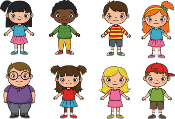 Diverse cartoon kids, happy children, cute boys and girls, smiling students, school kids, child characters, colorful clothing, education, learning, kid group