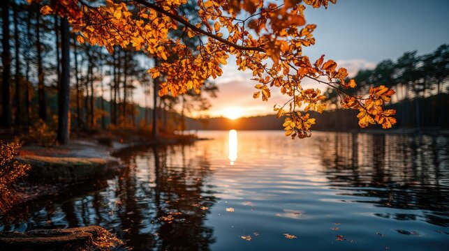 Autumn sunset over a tranquil lake