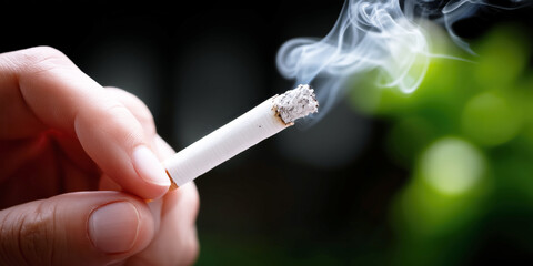 Close-up of a hand holding a cigarette with smoke rising in a softly blurred background