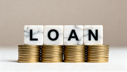 Marble stone blocks with engraved letters spelling LOAN above gold coins