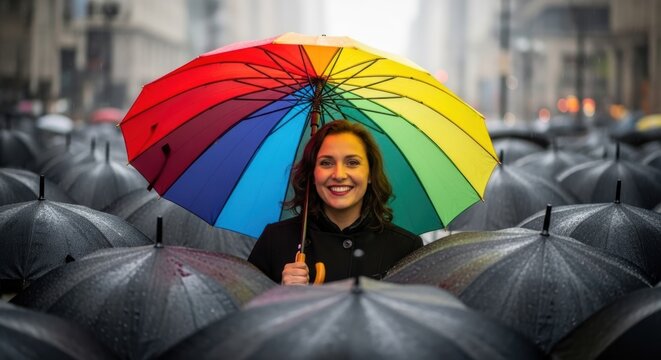 Smiling Woman Holding Colorful Umbrella in Gray Umbrella Field - Powered by Adobe
