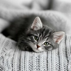 Obraz premium Adorable Grey Kitten Lying on Knitted Blanket with Cute Expression and Soft Lighting Detail