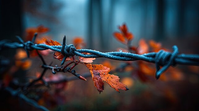 Autumn leaves cling to frosted barbed wire