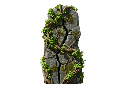 A weathered stone letter '8' is adorned with climbing plants and moss, creating a natural, textured design.