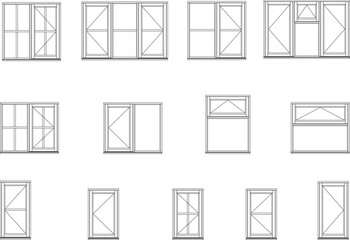 A collection of black-and-white line drawings showcasing various modern window designs. The drawings feature different configurations of multi-pane windows, including tall and narrow styles.