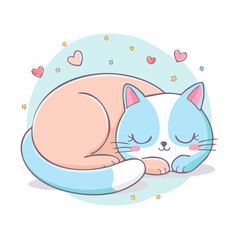 Fototapeta premium Adorable cartoon illustration of a cute cat sleeping peacefully, rendered in soft pastel colors with a whimsical charm