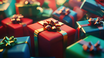 Colorful pile of Christmas presents with bows