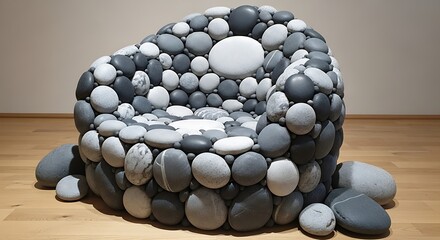 A unique chair made from smooth, gray stones on a wooden floor, modern, and artistic