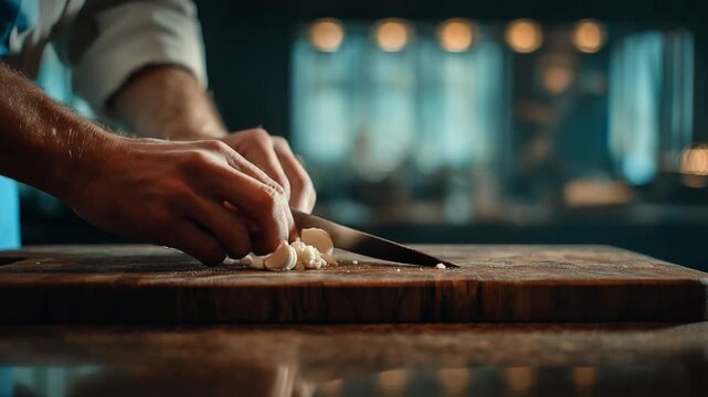 Chef's Knife Skills: The photograph beautifully captures the precise movements of a culinary artist as they finely chop fresh garlic on a rustic wooden cutting board within a warm.