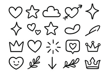Doodle icon set with cute hand-drawn elements. Black line art hearts, stars, crowns, and social media likes. Vector sketch for design, love, and decoration concepts.