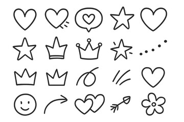 Hand drawn doodle icon set. Cute sketch collection of hearts, stars, crowns, arrows, and flowers. Love symbol, social media like, emoji face for creative design projects.
