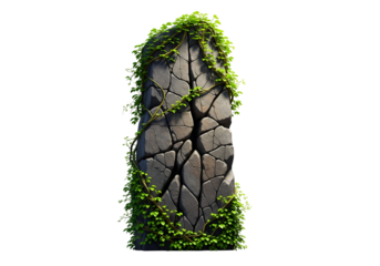 A weathered stone pillar, intricately cracked and adorned with vibrant green ivy, stands out against a stark black backdrop.