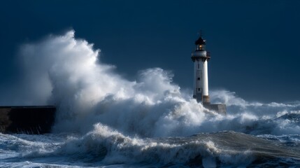 Lighthouse standing strong against crashing waves during storm