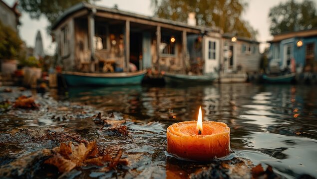 Floating homes, canal, candle, autumn - Powered by Adobe
