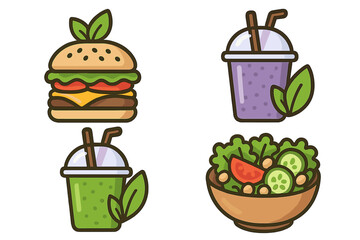 Healthy and fast food icon set. Vector cartoon illustration of veggie burger, fresh salad, green and berry smoothie. Concepts for nutrition, diet, wellness, and plant-based meals.