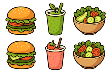 Healthy food and fast food icon collection. Vector cartoon illustration set of burger, fresh salad, and fruit smoothie. For menu, diet, nutrition, or wellness concepts.