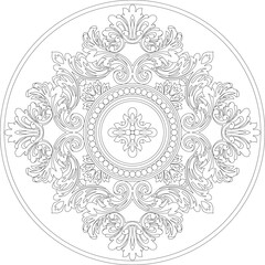 detailed black-and-white line drawing of a circular ornamental design. The pattern is highly symmetrical and features intricate