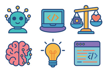 Artificial intelligence icon set. AI ethics and code development concept. Digital technology, machine learning, robotics innovation vector illustration. Brain, robot, computer icons.