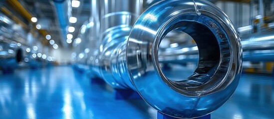 Close-up of shiny industrial pipes in a factory.