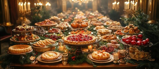 Festive feast of desserts and pastries on a long table.