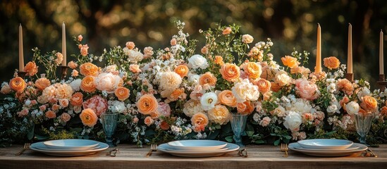 Elegant outdoor wedding reception table centerpiece with peach and white flowers, candles, and place settings.
