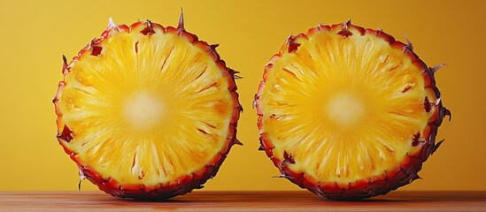Two juicy pineapple halves on yellow background.