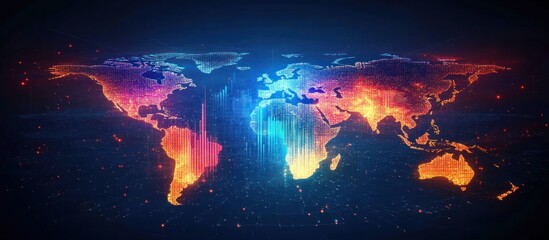 Glowing world map with digital energy streams.