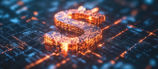 Glowing digital dollar sign on circuit board.