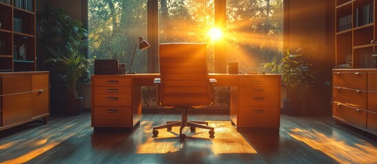 Home office desk at sunrise with lens flare.